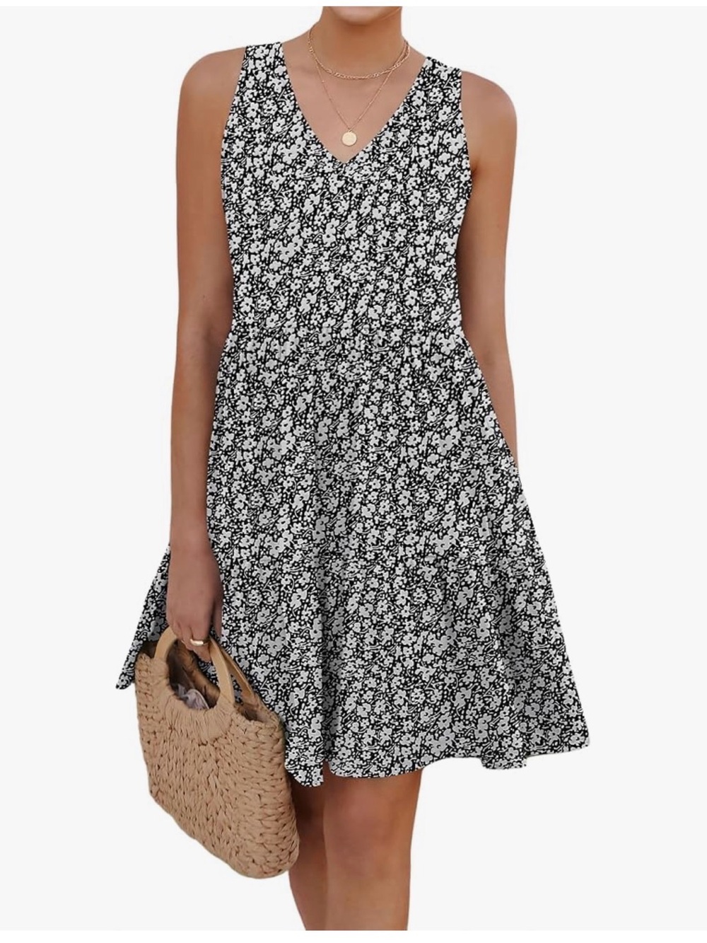 Sleeveless Black & White Floral V-Neck Sundress